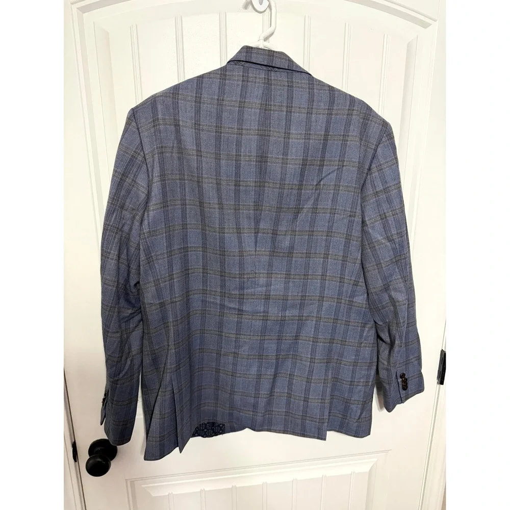 Johnston & Murphy Blazer Mens 42R Blue Plaid 100% Wool Two-Button Sport Coat